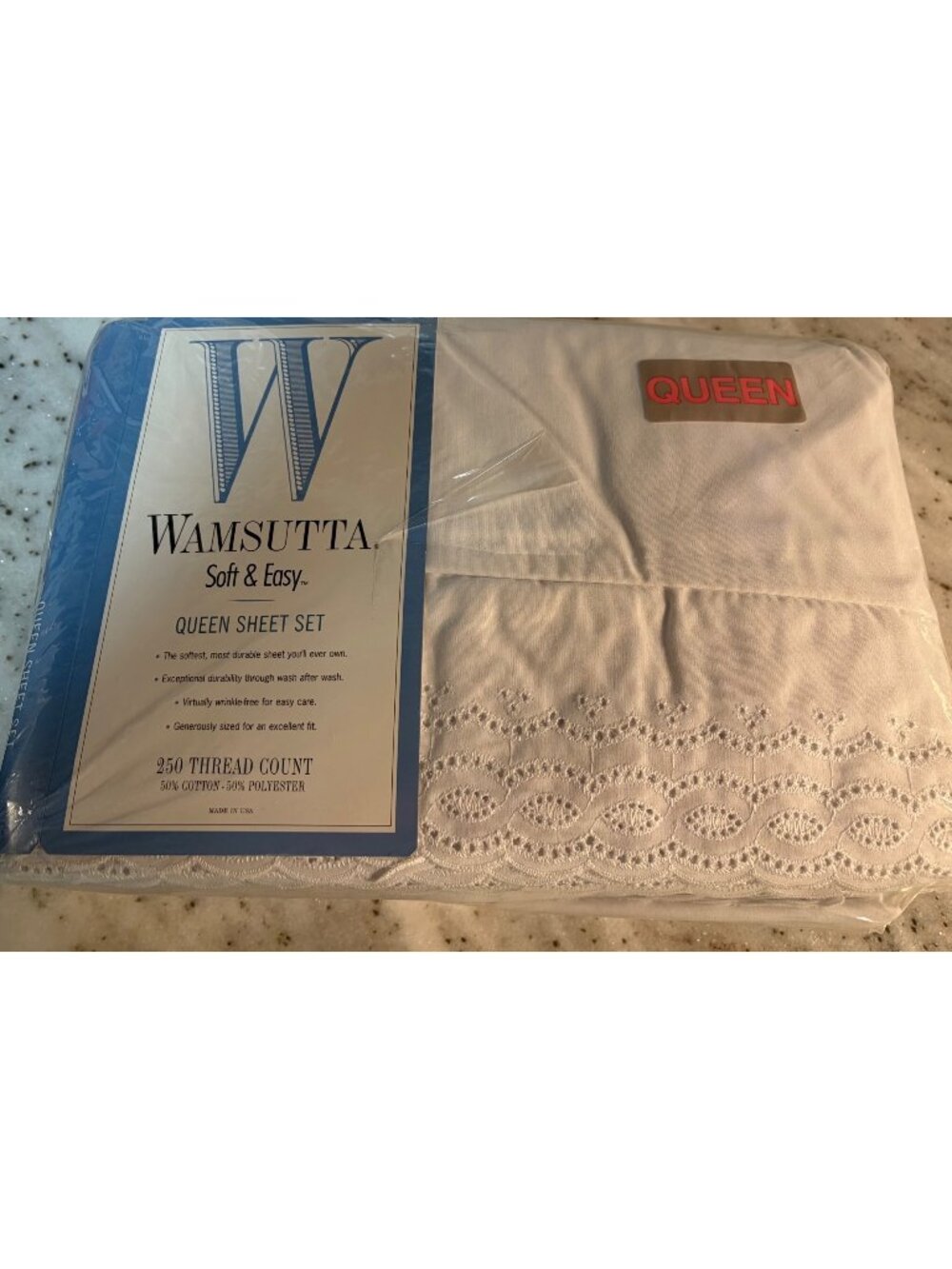 Vintage New WAMSUTTA Soft Easy QUEEN Sheet Set White Scallop USA 250 Thread Ct